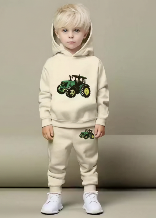 Kids Hooded Sweatshirt & Jogger Set – Green Tractor Print Casual Wear (Cream) Luck Fashion