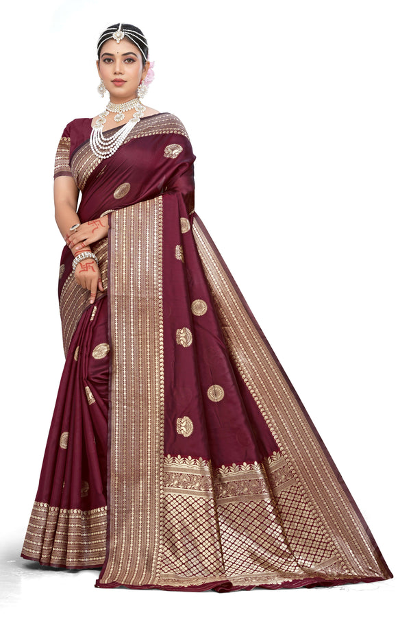 AXONIT Classic Maroon Banarasi Silk Saree with Traditional Zari Motifs