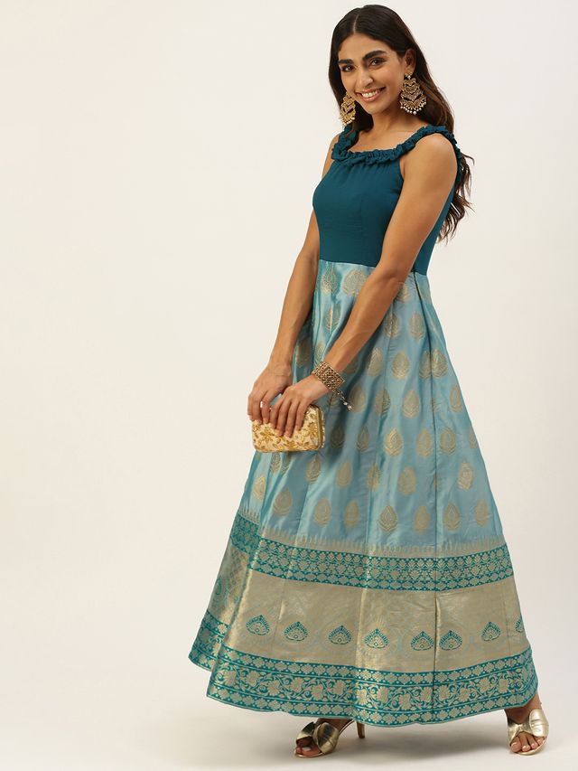 Bollywood Vogue Ready To Wear Blue Jacquard Kali Style Gown