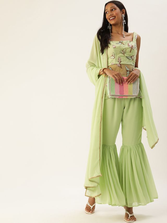 Bollywood Vogue Ready To Wear Green Embroidered Square Neck Gharara Suit