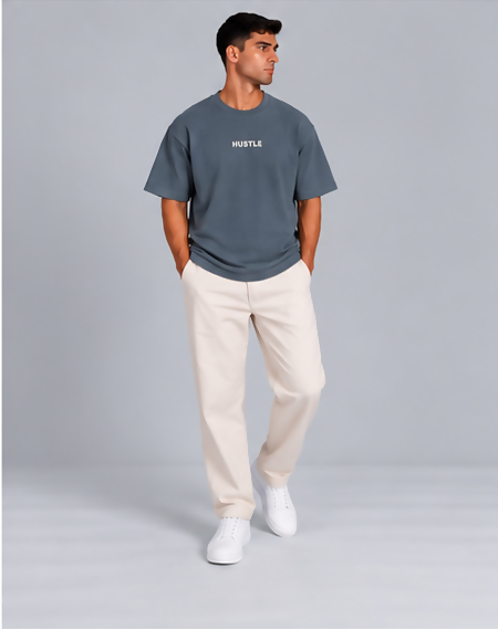 HUSTLE Men's Crew Neck Oversized Tees - Dark Slate Blue