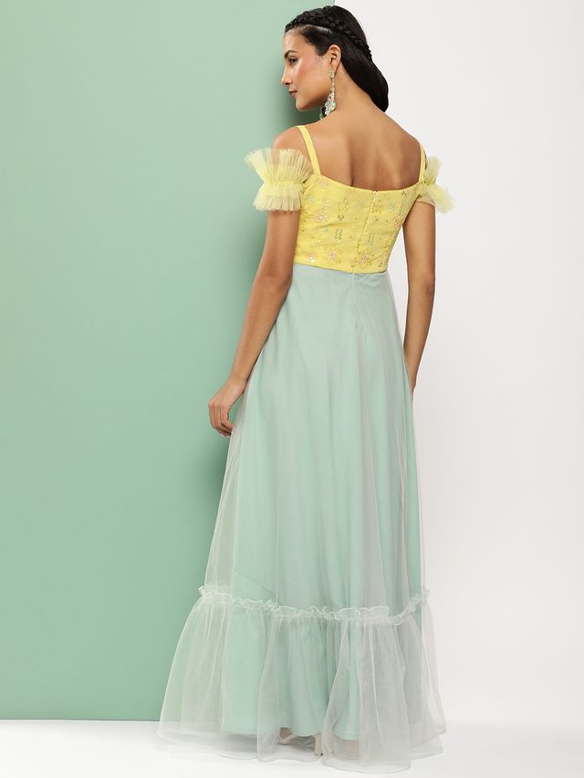Bollywood Vogue Ready To Wear Yellow Embroidered N Mint Green Corset Style Gown