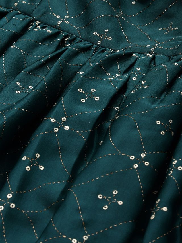 Bollywood Vogue Ready To Wear Teal Green Art Silk Foil Printed Gown