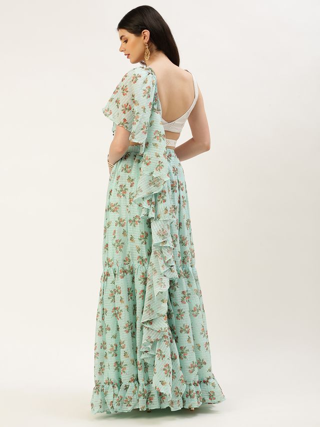 Bollywood Vogue Ready To Wear Mint Green Georgette Digital Printed Lehenga Set