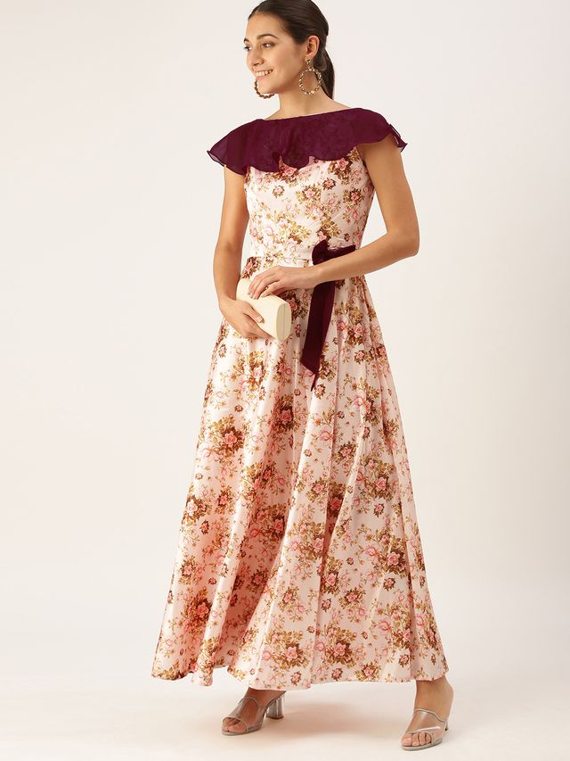 Bollywood Vogue Ready To Wear Pink Taffeta Digital Printed N Burgundy Dress