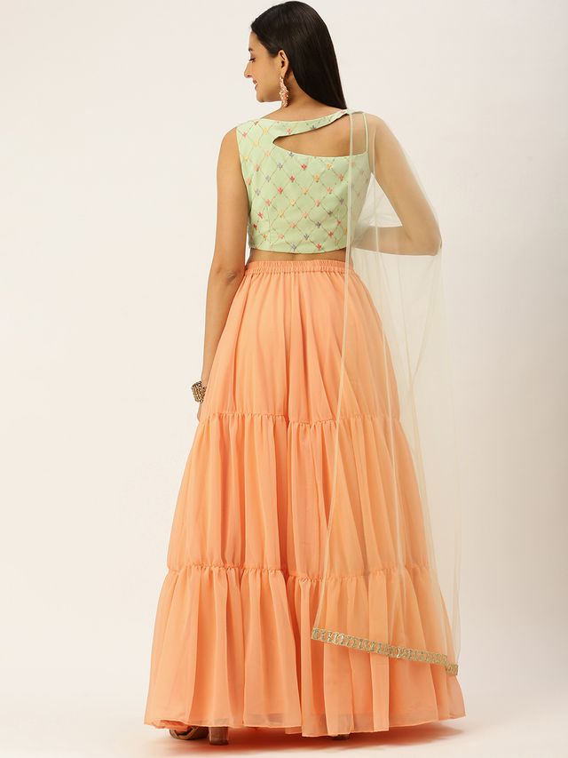 Bollywood Vogue Ready To Wear Green Embroidered N Peach Lehenga