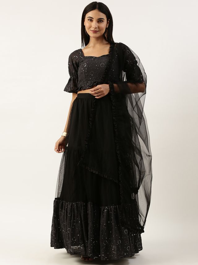 Bollywood Vogue Ready To Wear Dark Grey Georgette Sequins Embroidered N Black Net Lehenga