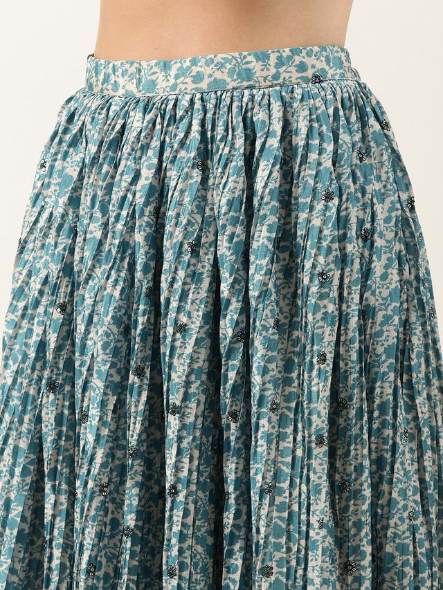 Bollywood Vogue Ready To Wear Cream N Blue Printed Chinon Skirt Set