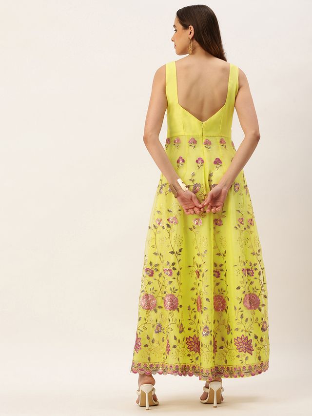 Bollywood Vogue Ready To Wear Yellow Organza Embroidered Gown