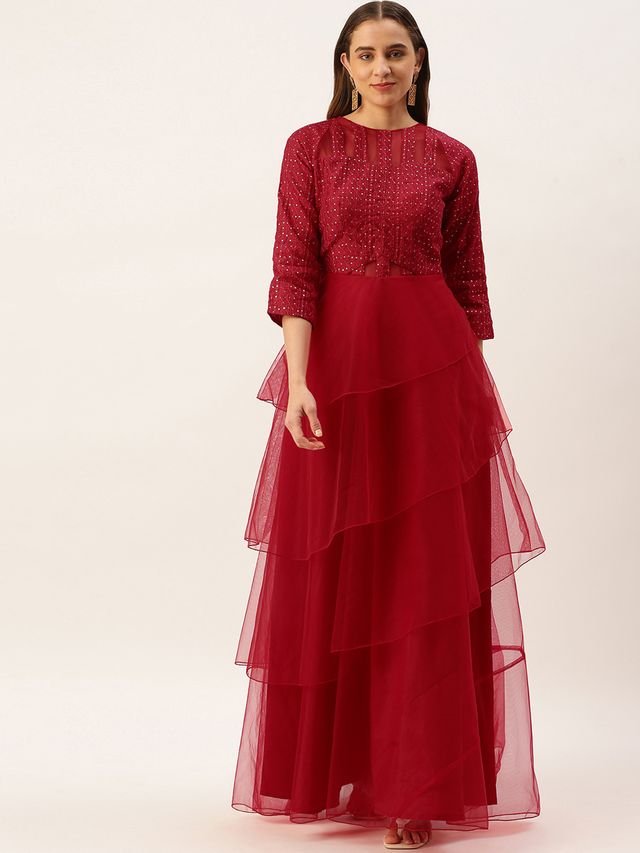 Bollywood Vogue Ready To Wear Dark Red Georgette Embroidered Layered Gown