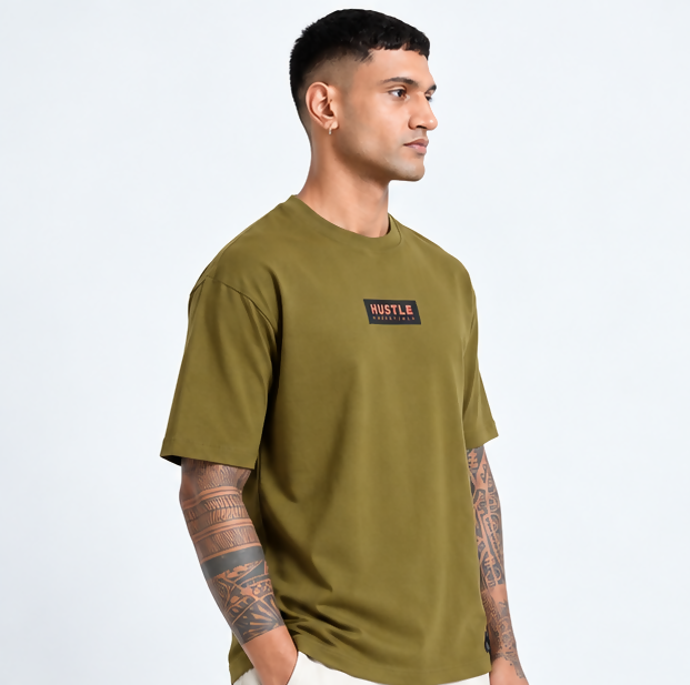HUSTLE Men's Crew Neck Oversize T-shirt - Khaki Olive
