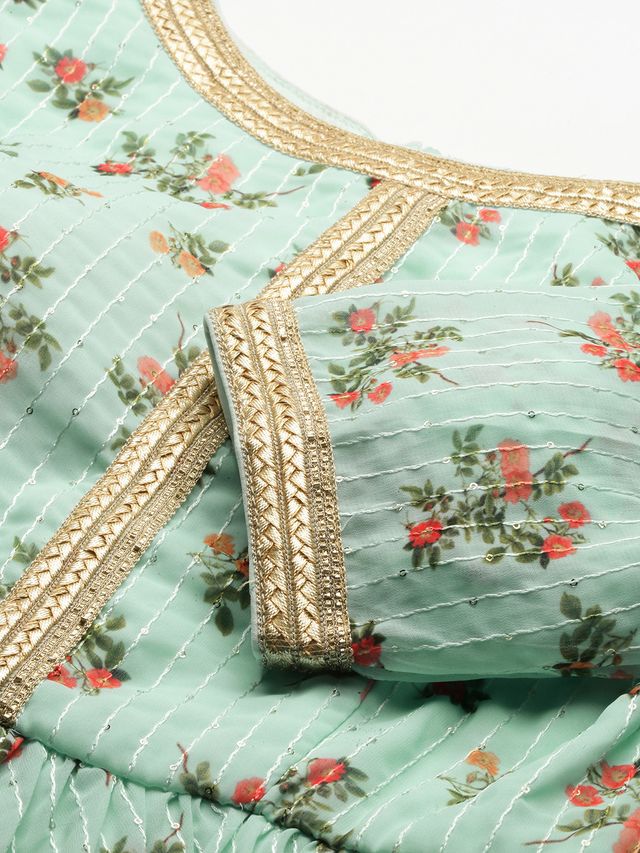 Bollywood Vogue Ready To Wear Mint Green Digital Printed Embroidered Co Ords Set