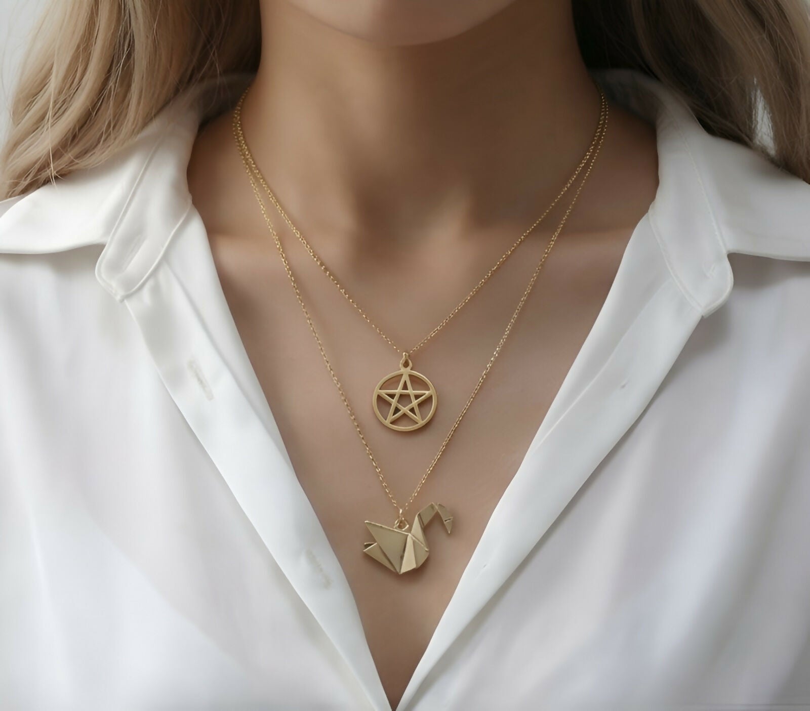 Gold-Plated Layered Necklace Set with Swan & Star Pendants pinapes