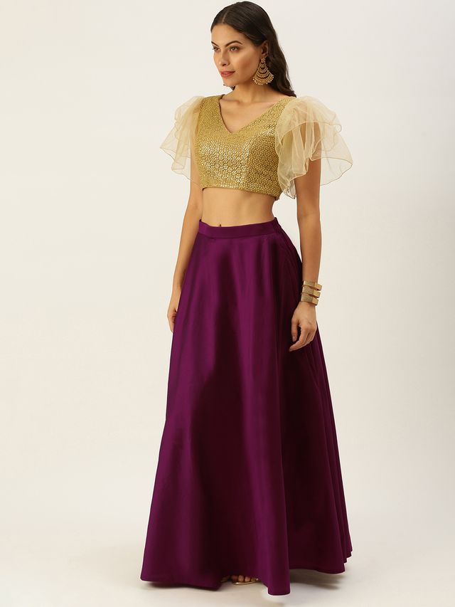 Bollywood Vogue Ready To Wear Gold N Purple Embroidered Ruffles Style Lehenga Set