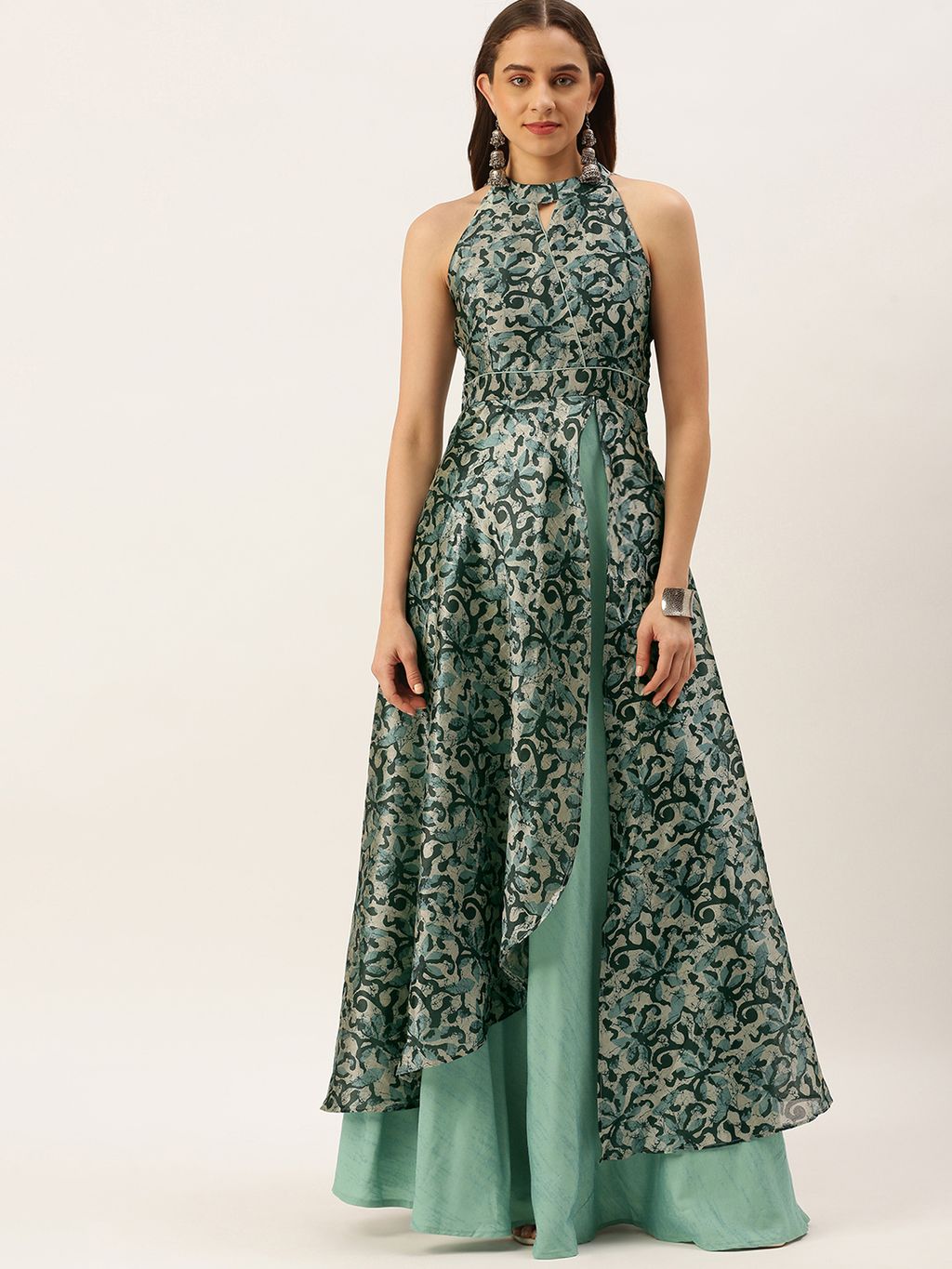 Bollywood Vogue Ready To Wear Blue Art Silk Digital Printed Halter Neck Dress