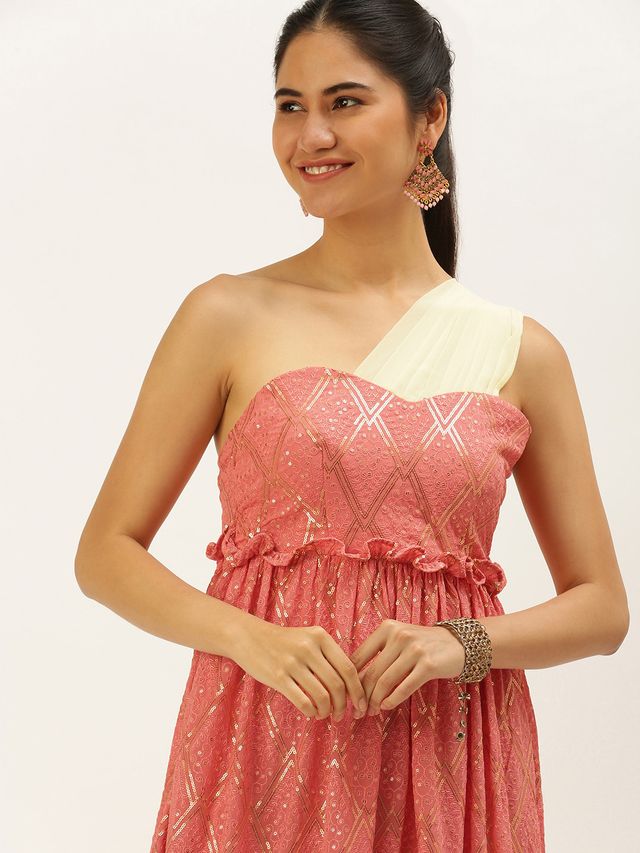Bollywood Vogue Ready To Wear Peach N White Embroidered Tiered Maxi Dress