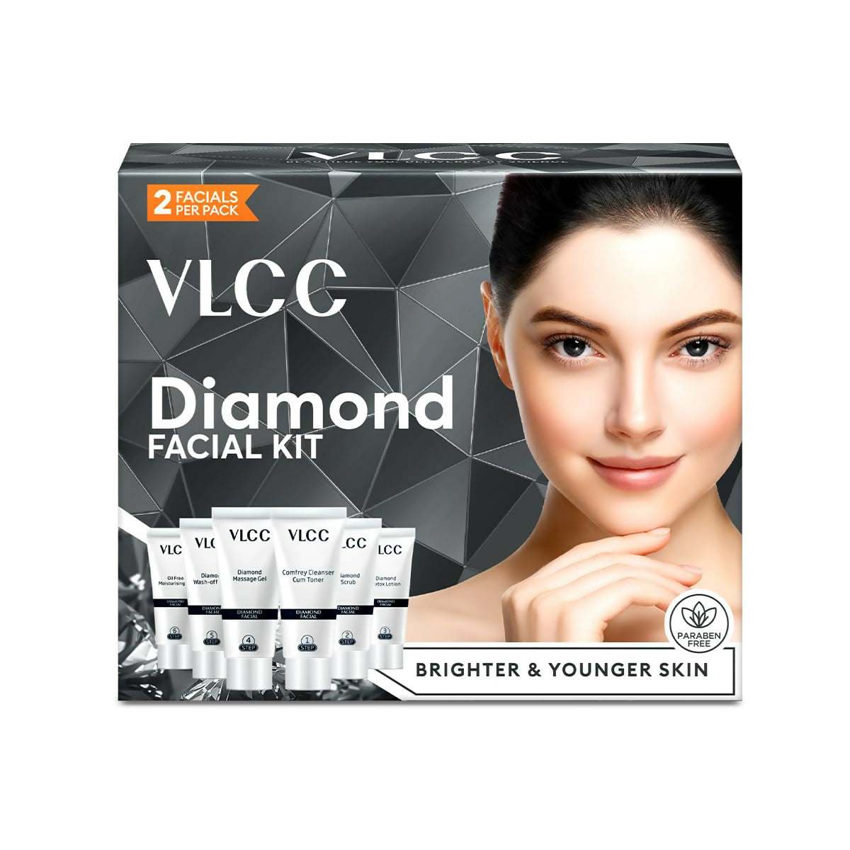 VLCC Diamond Facial Kit - 60g | Purifying with Parlour Glow | Improves Elasticity, Brightens and Helps Lighten Patchy, Damaged Skin | with Colloidal Diamond, Aloe Vera, Jojoba & Olive Oil