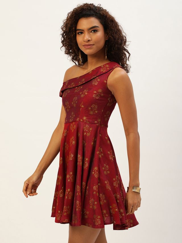 Bollywood Vogue Ready To Wear Maroon Printed One Shoulder Dress