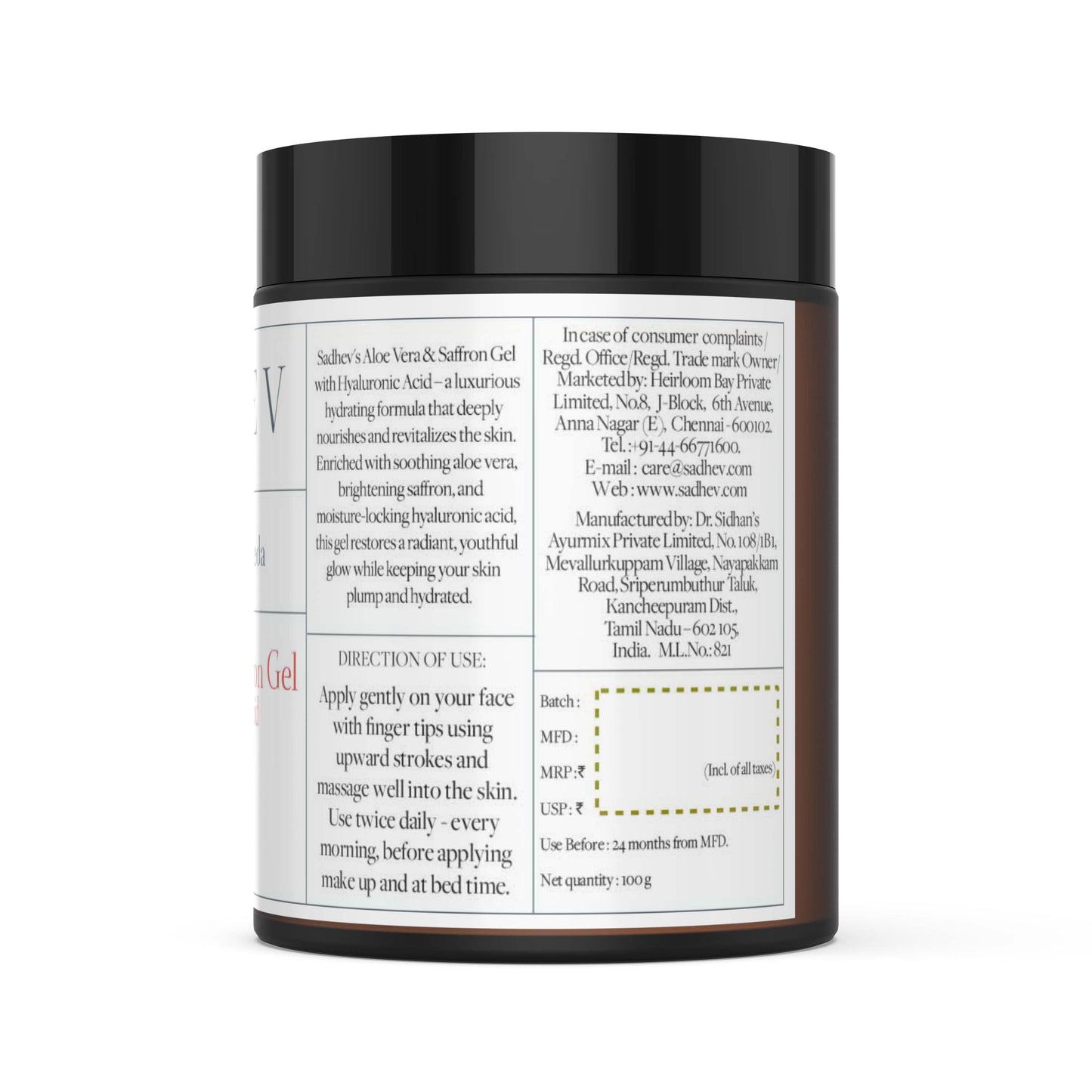 Aloe Vera & Saffron Gel with Hyaluronic Acid - 100gms Heirloom Bay