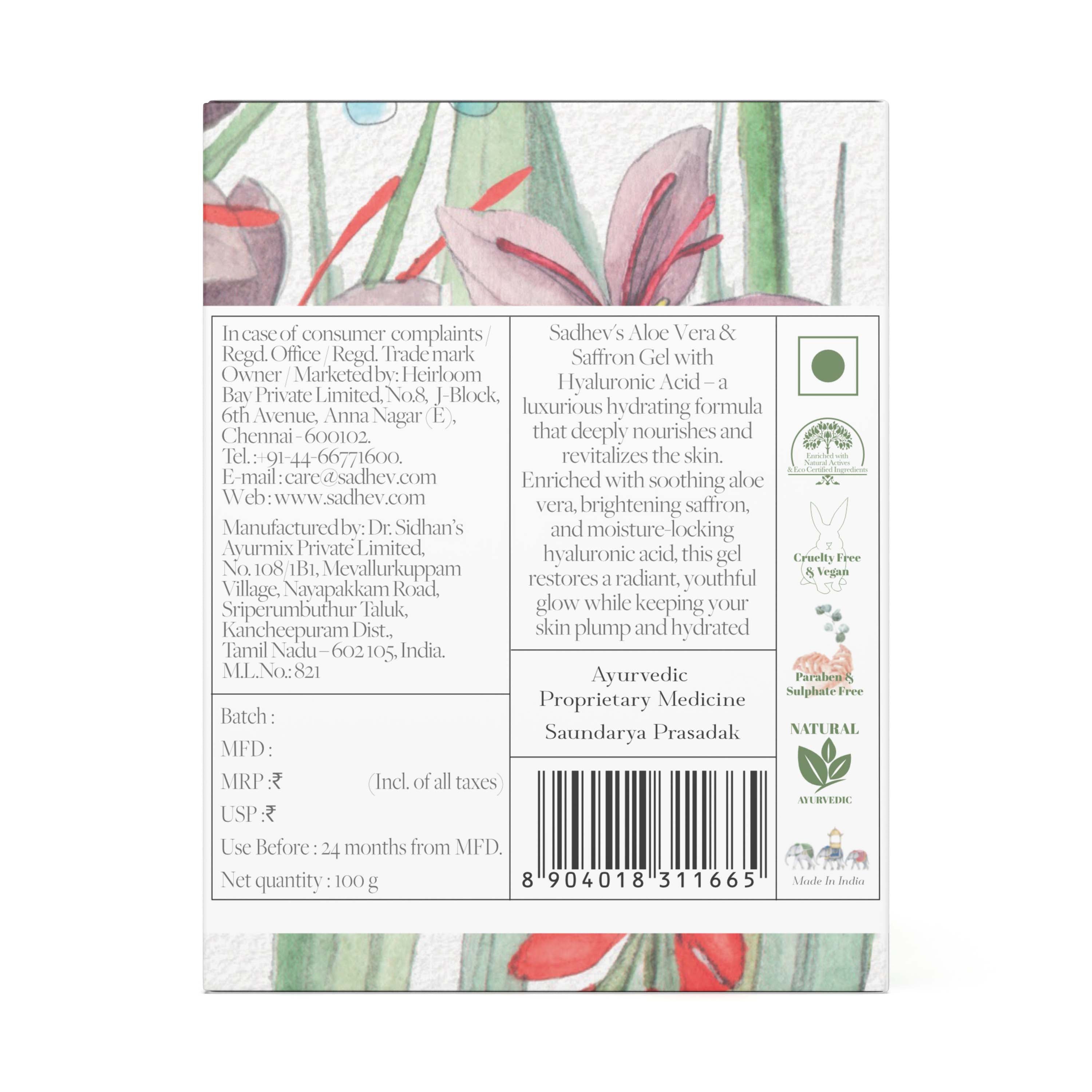 Aloe Vera & Saffron Gel with Hyaluronic Acid - 100gms Heirloom Bay