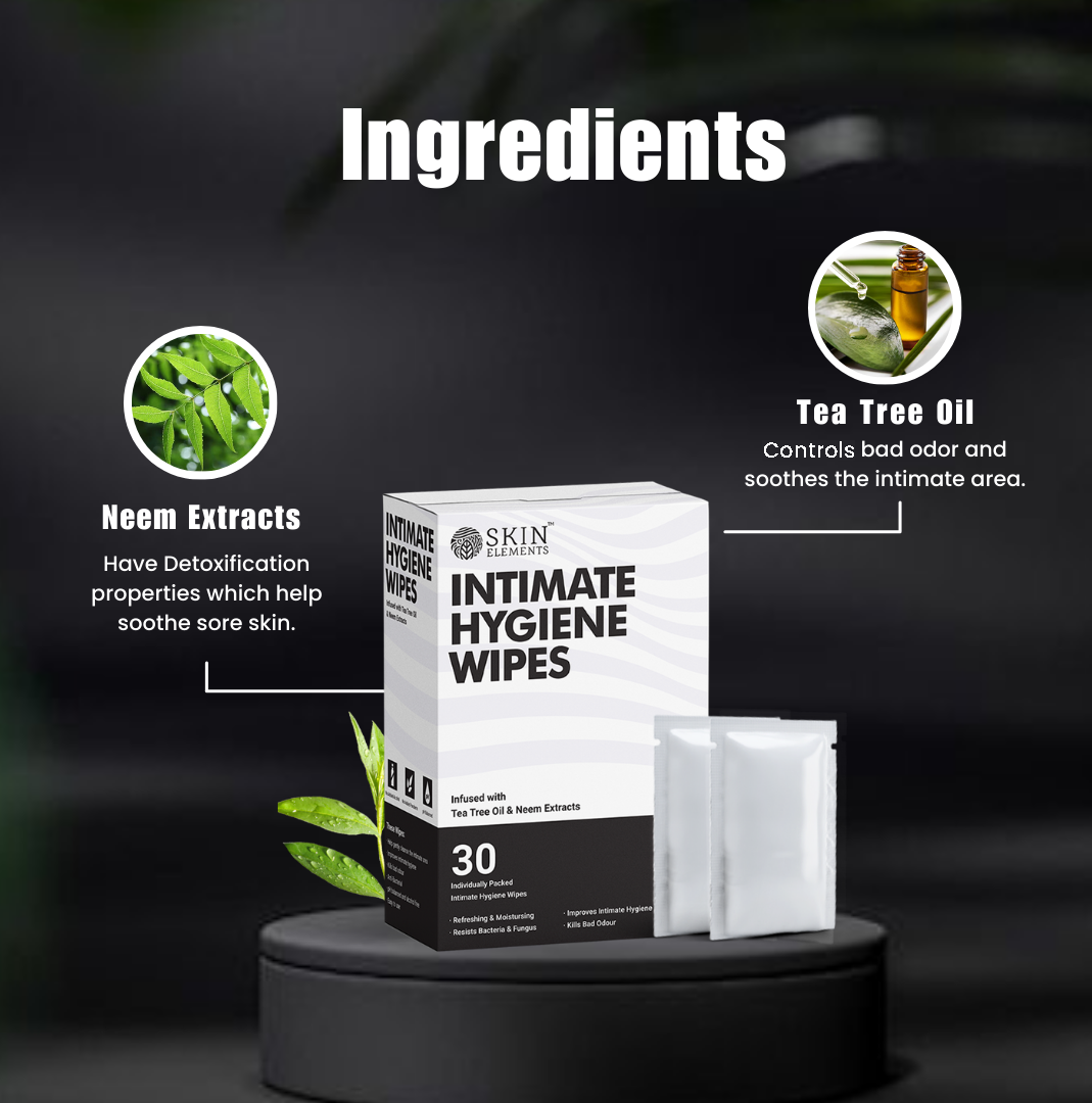 Skin Elements Intimate Hygiene Unisex Wipes | Pack of 30 Individually Wrapped Wipes | pH-Balanced with Tea Tree Oil | Controls Bad Odor | Travel-Friendly & Gentle Cleansing for Daily Freshness