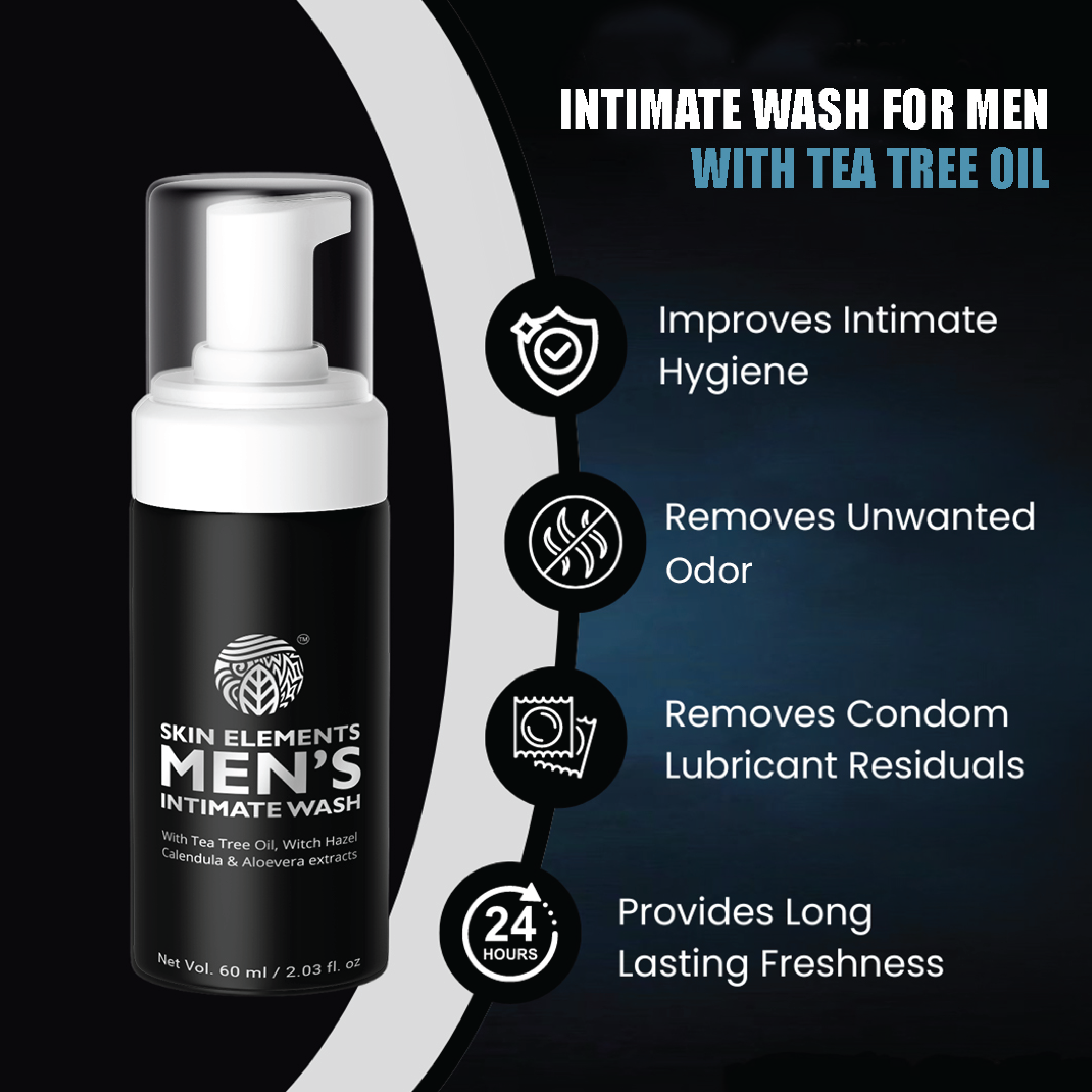 Skin Elements Intimate Wash for Men with Tea Tree Oil | pH Balanced Foaming Hygiene Wash | Prevents Itching, Irritation & Bad Odor | 60 ml