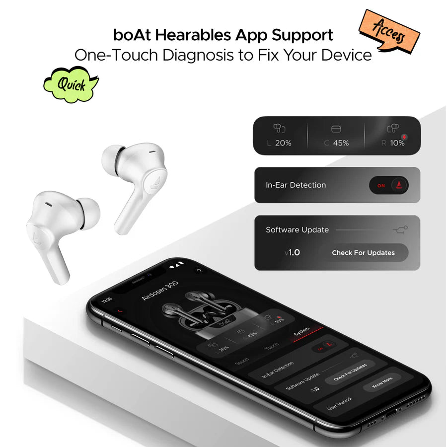 boAt Airdopes 300 TWS Earbuds, 50H Battery, Spatial Audio – Chrome White Halfpe Deals