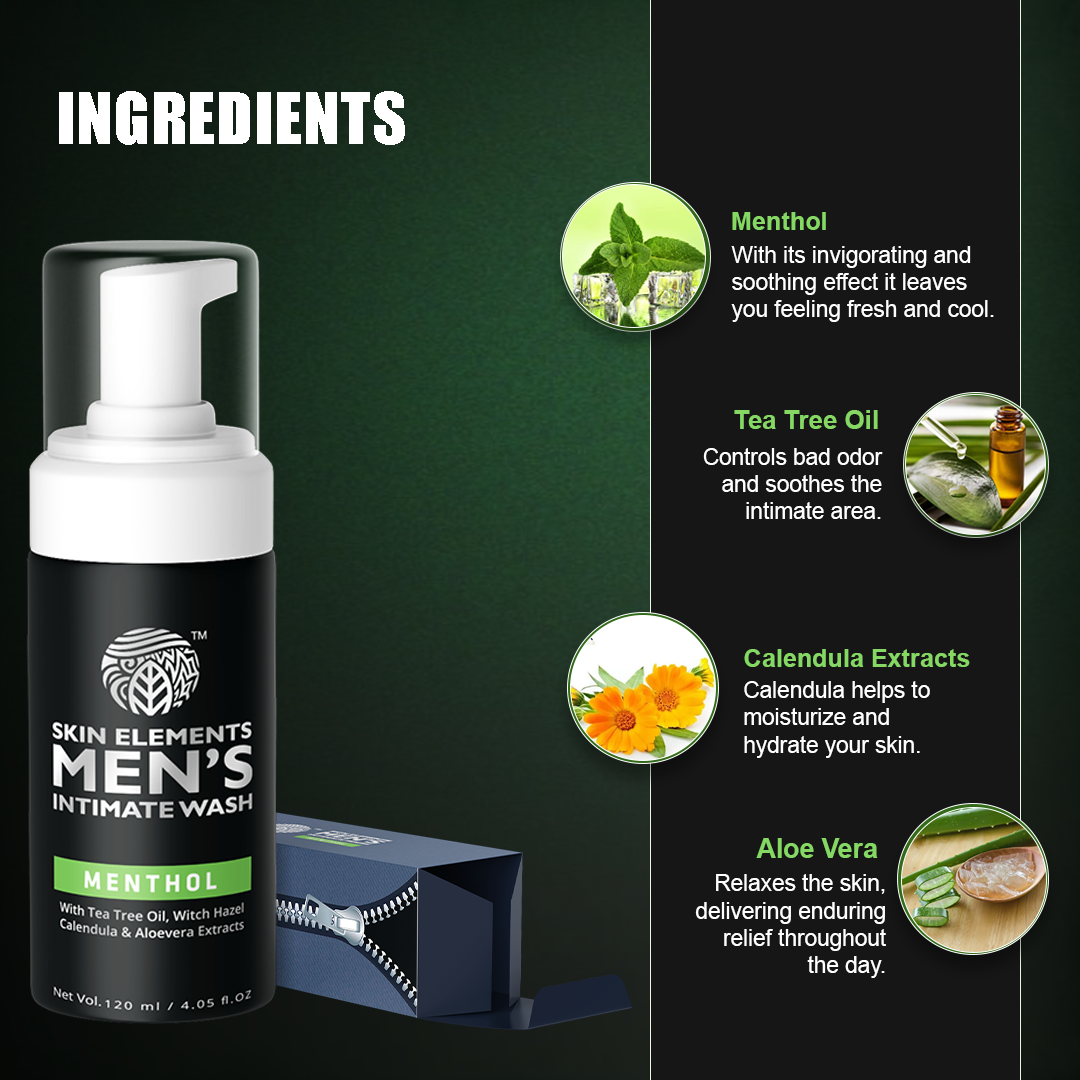 Skin Elements Intimate Wash for Men with Menthol | pH Balanced Foaming Intimate Wash | Soothes, Refreshes & Cools Intimate Area | Controls Bad Odor | 4.05 fl. oz