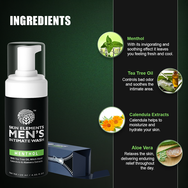 Skin Elements Intimate Wash for Men with Menthol | pH Balanced Foaming Intimate Wash | Soothes, Refreshes & Cools Intimate Area | Controls Bad Odor | 4.05 fl. oz