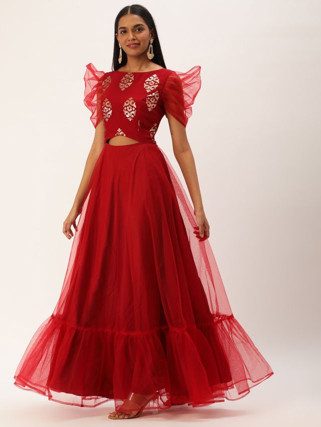 Bollywood Vogue Ready To Wear Maroon Georgette Embroidered Boat Neck Gown
