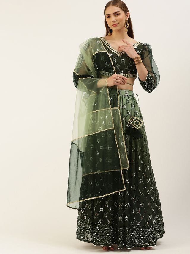 Bollywood Vogue Ready To Wear Green Embroidered Ombre Embellished Lehanga