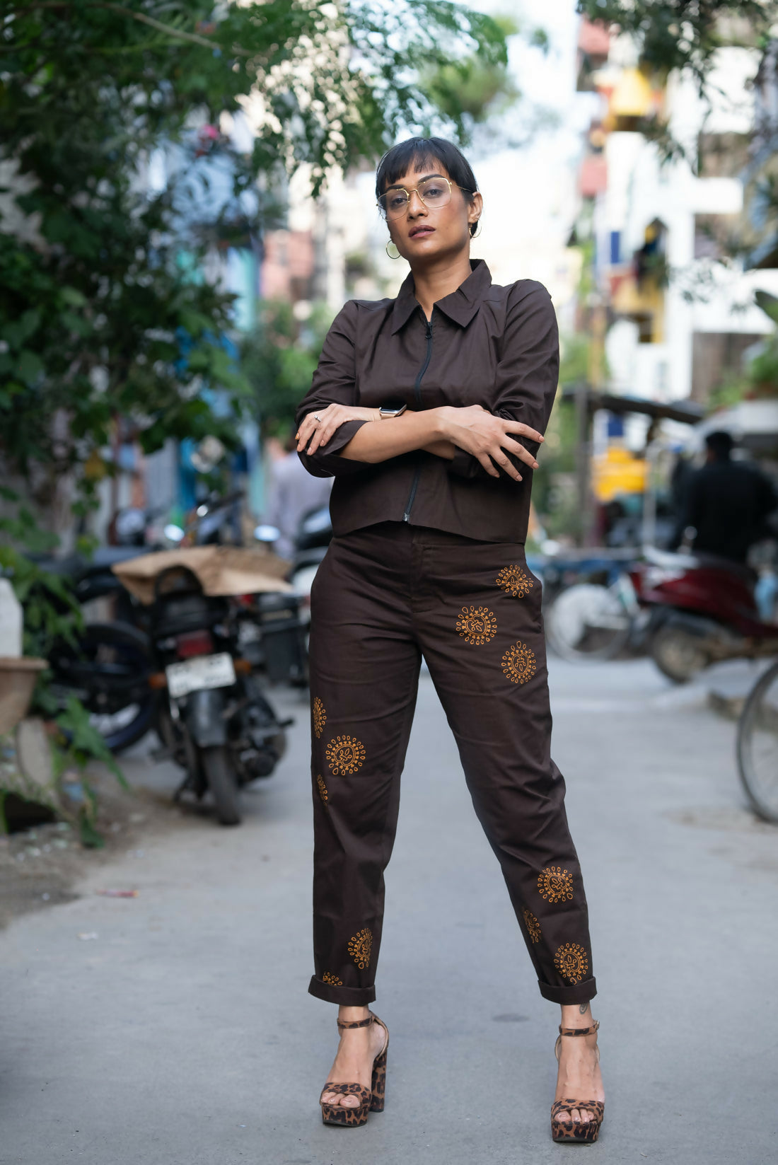 Brownie Dark Oak Cotton Twill Trousers With Mustard Hand Block Print Detailing Studio Sienna