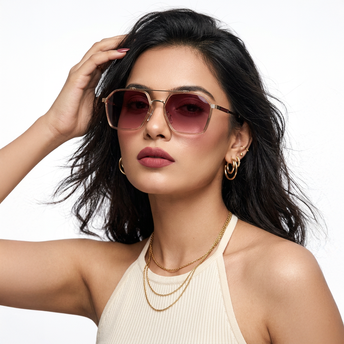 Eyejack Golden & Pink Square Sunglasses for Men and Women - worn by a male model (image 3)