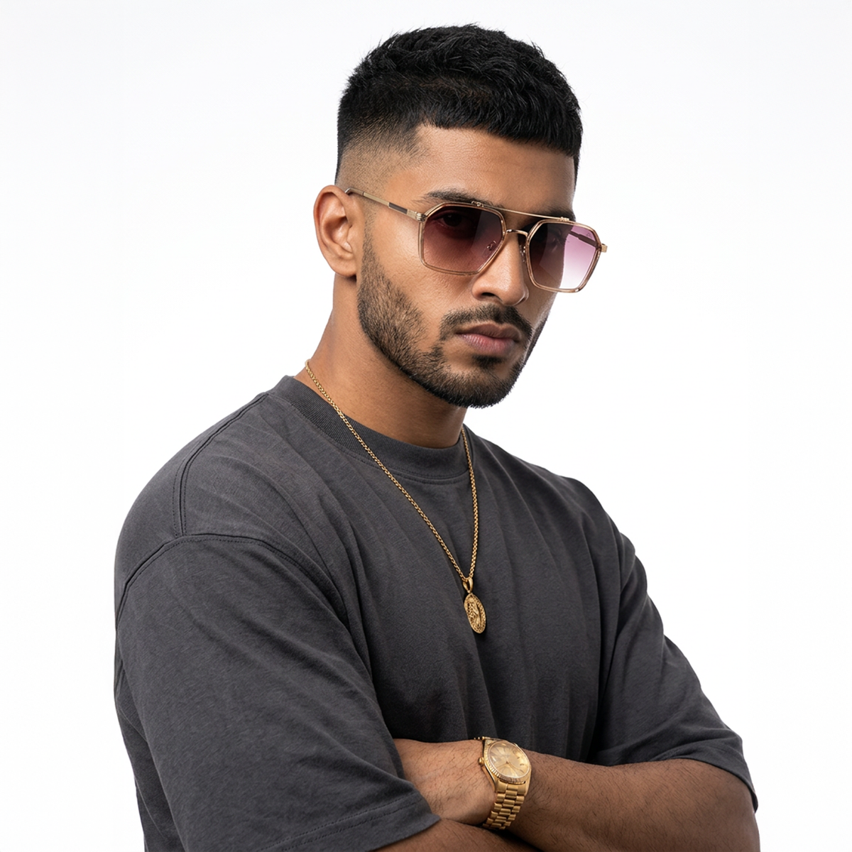Eyejack Golden & Pink Square Sunglasses for Men and Women - worn by a male model (image 1)