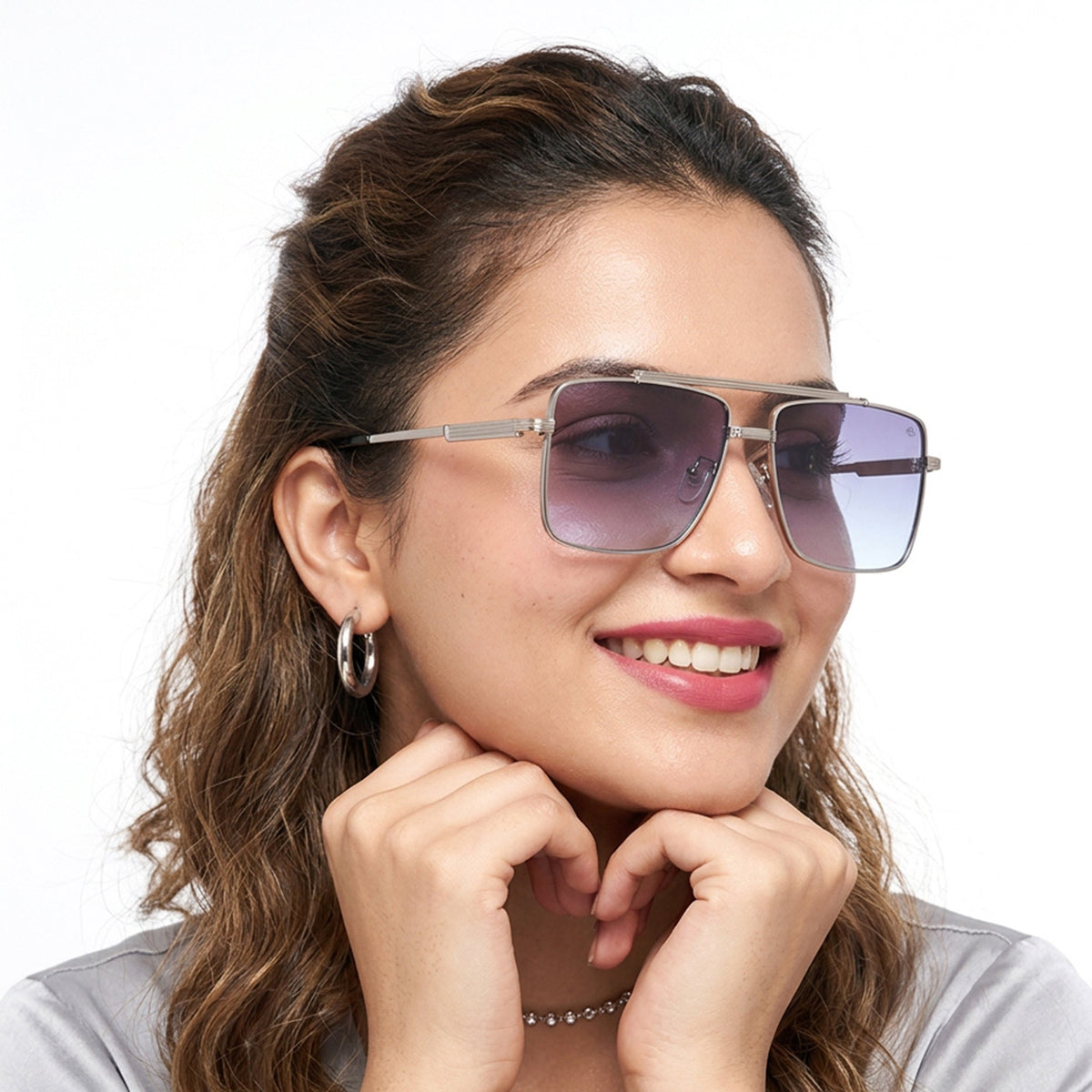 Eyejack Silver Square Sunglasses for Men and Women - worn by a male model (image 3)