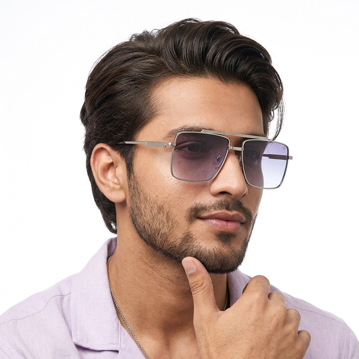 Eyejack Silver Square Sunglasses for Men and Women - worn by a male model (image 1)