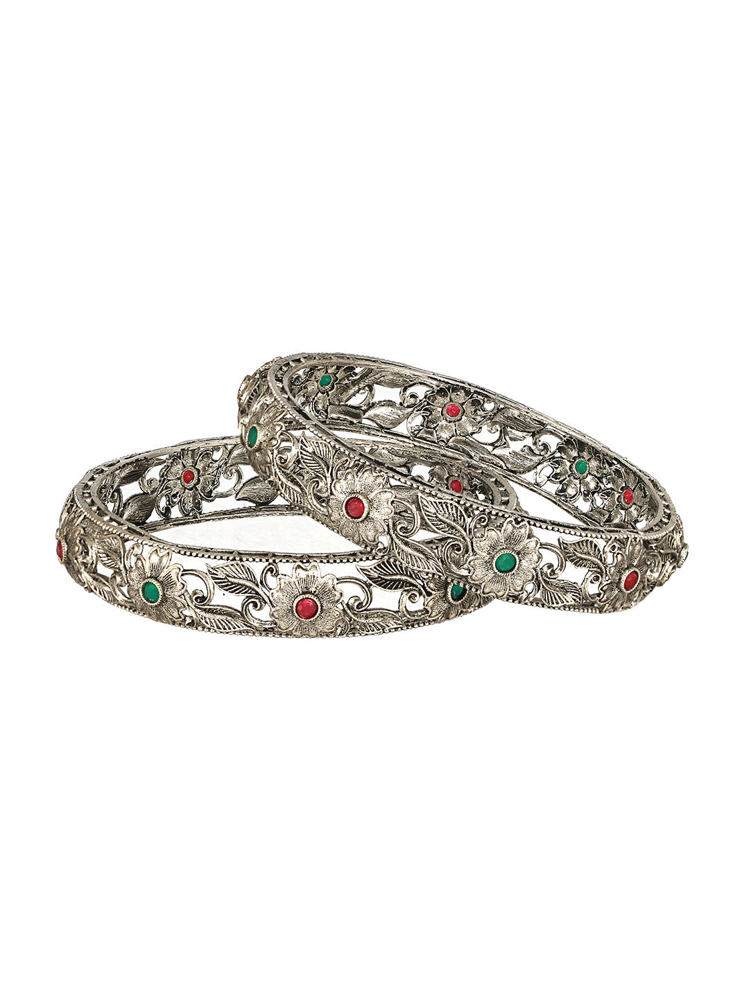 Jazz And Sizzle Set Of 2 Oxidised Silver-Toned Green & Red Stone Studded Traditional Bangles