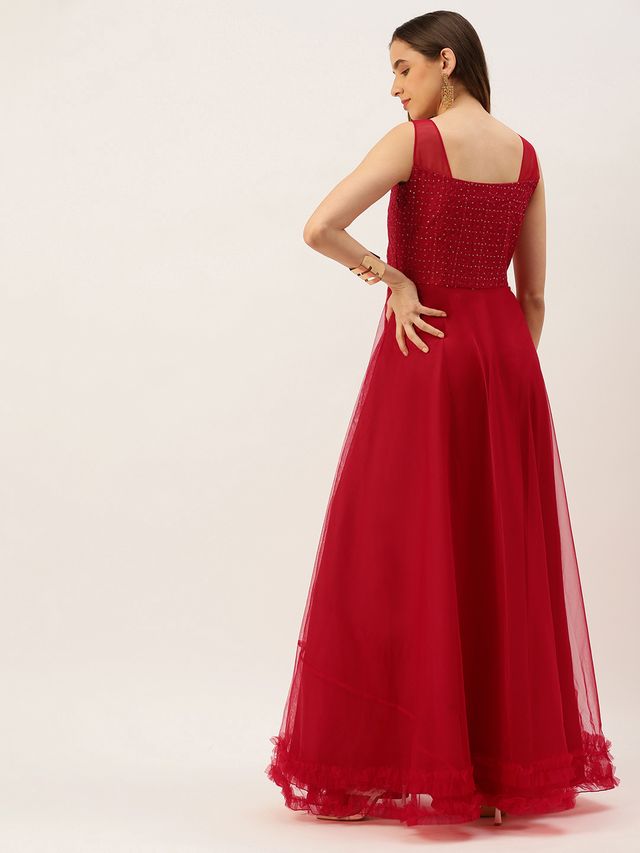 Bollywood Vogue Ready To Wear Dark Red Georgette Sequins Embroidered Gown