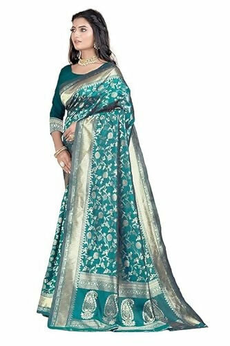 AXONIT Soft Silk Saree with Golden Zari Floral & Peacock Weaving