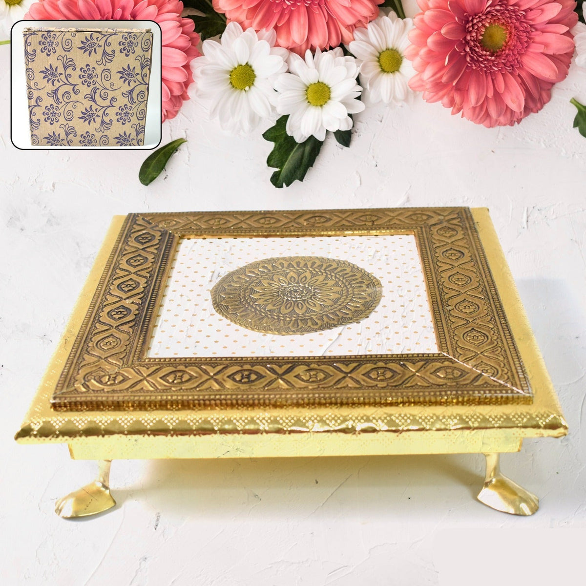 Golden - Square Pooja Chowki Patla Bajot (20x20 Cm 1 Pc) HP DD