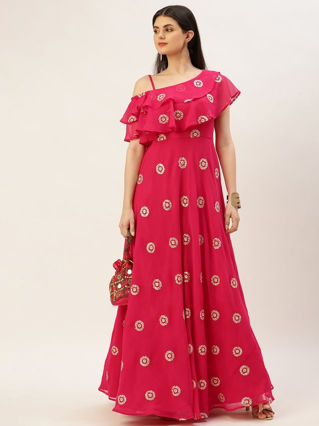 Bollywood Vogue Ready To Wear Dark Pink Georgette Embroidered Gown