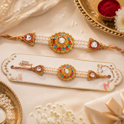 Meenakari Floral Centerpiece with Kundan Accents and Multi-Strand Pearl Beads- Set of 2