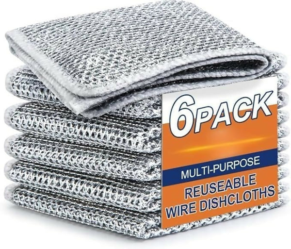 Non-Scratch Double Layer Steel Scrubber Pads Pack of 6 Stainless Steel Dish Cleaning Cloths for Utensils, Sinks & Multipurpose Wet/Dry Use