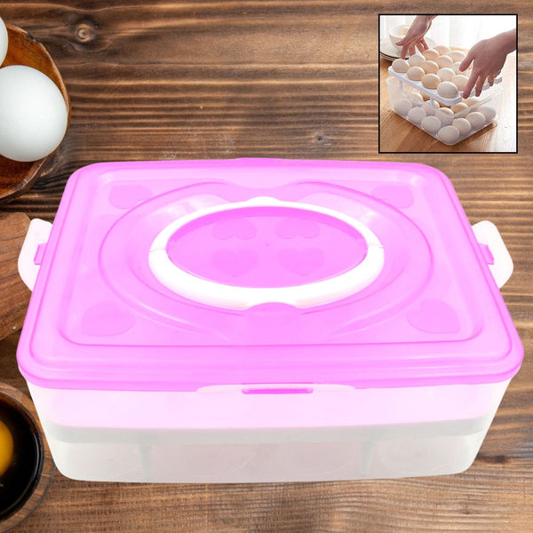 2-Layer 32 Grid Egg Tray with Lid – Storage Container with Handle (1 Pc)