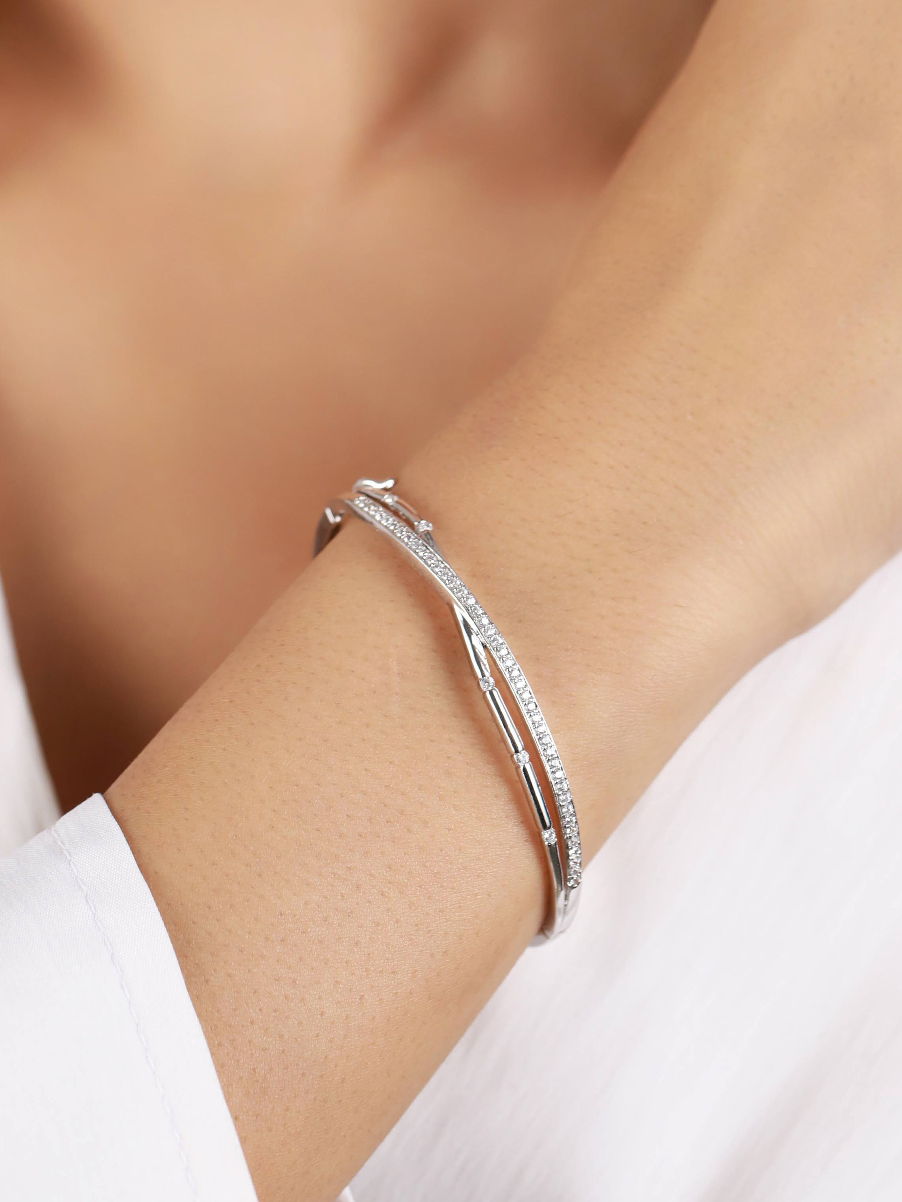 Silver-Toned & White American Diamond Handcrafted Silver-Plated Bracelet