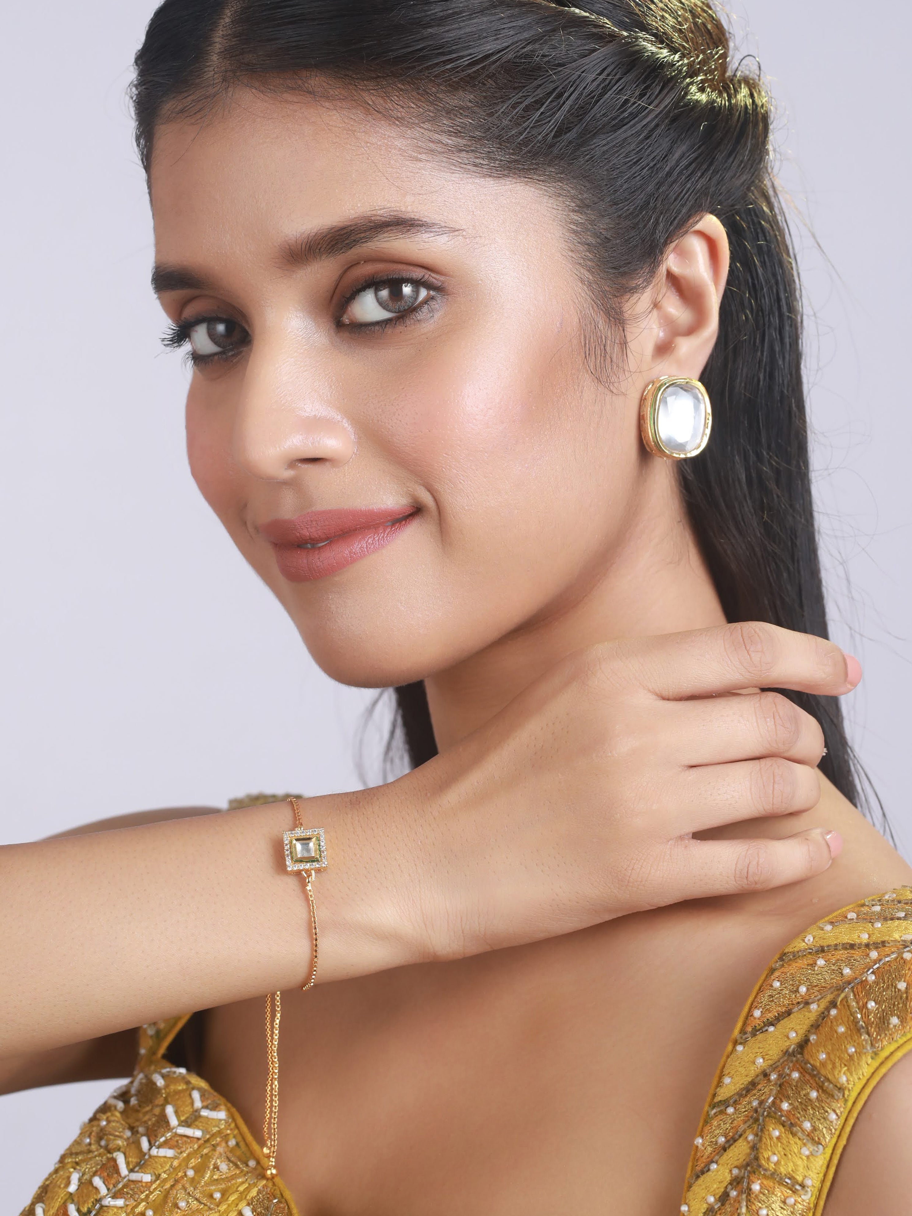 Set Of 2 Kundan Studded Bracelet & Gold Plated Earring