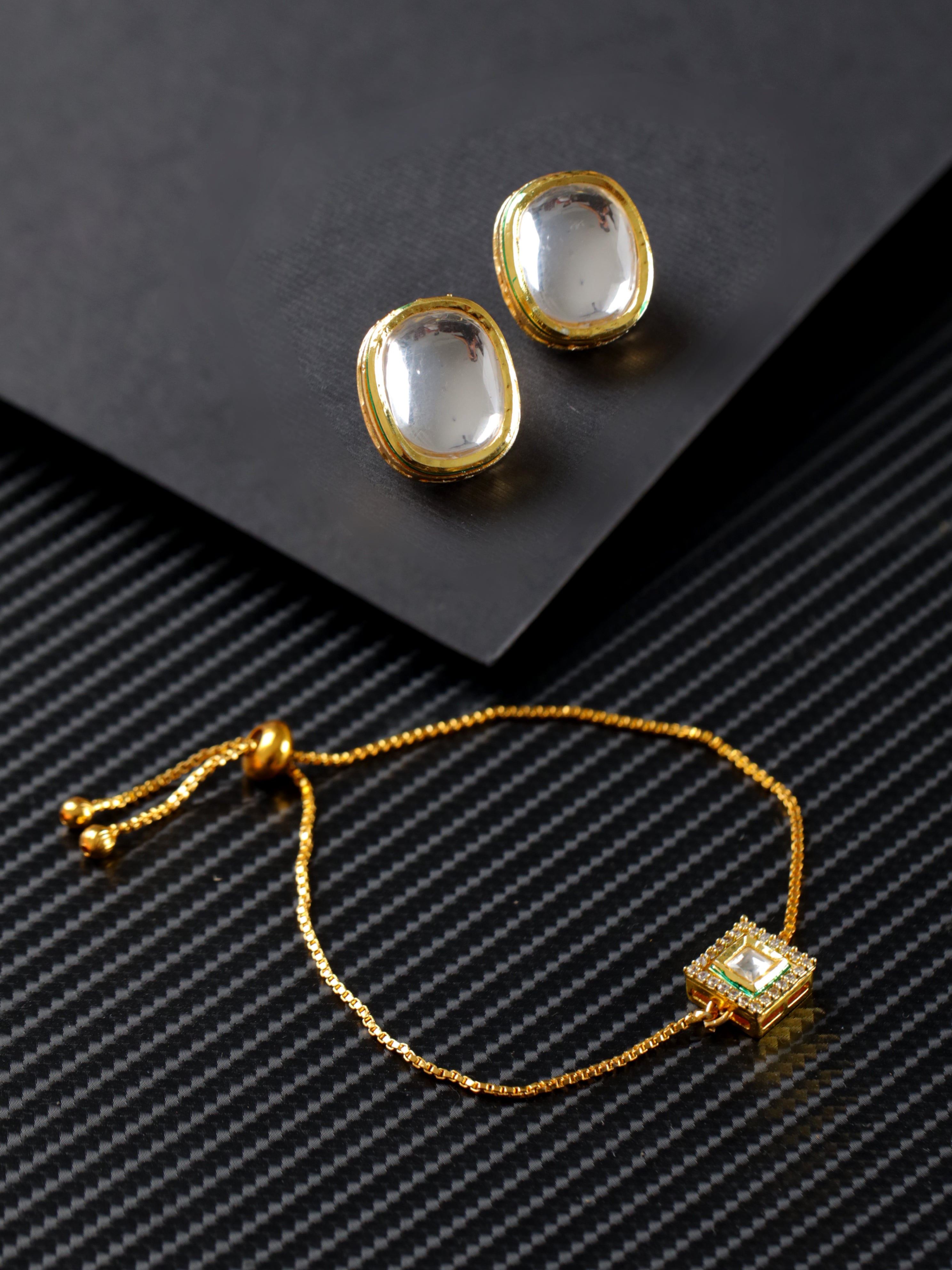 Set Of 2 Kundan Studded Bracelet & Gold Plated Earring