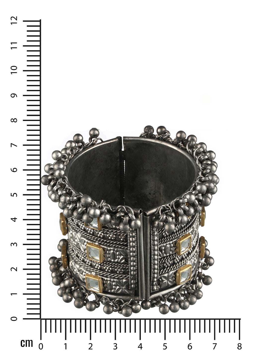 Silver-Plated & Gold Toned Kundan Studed Oxidized Tribal Ghungroo Cuff Bracelet