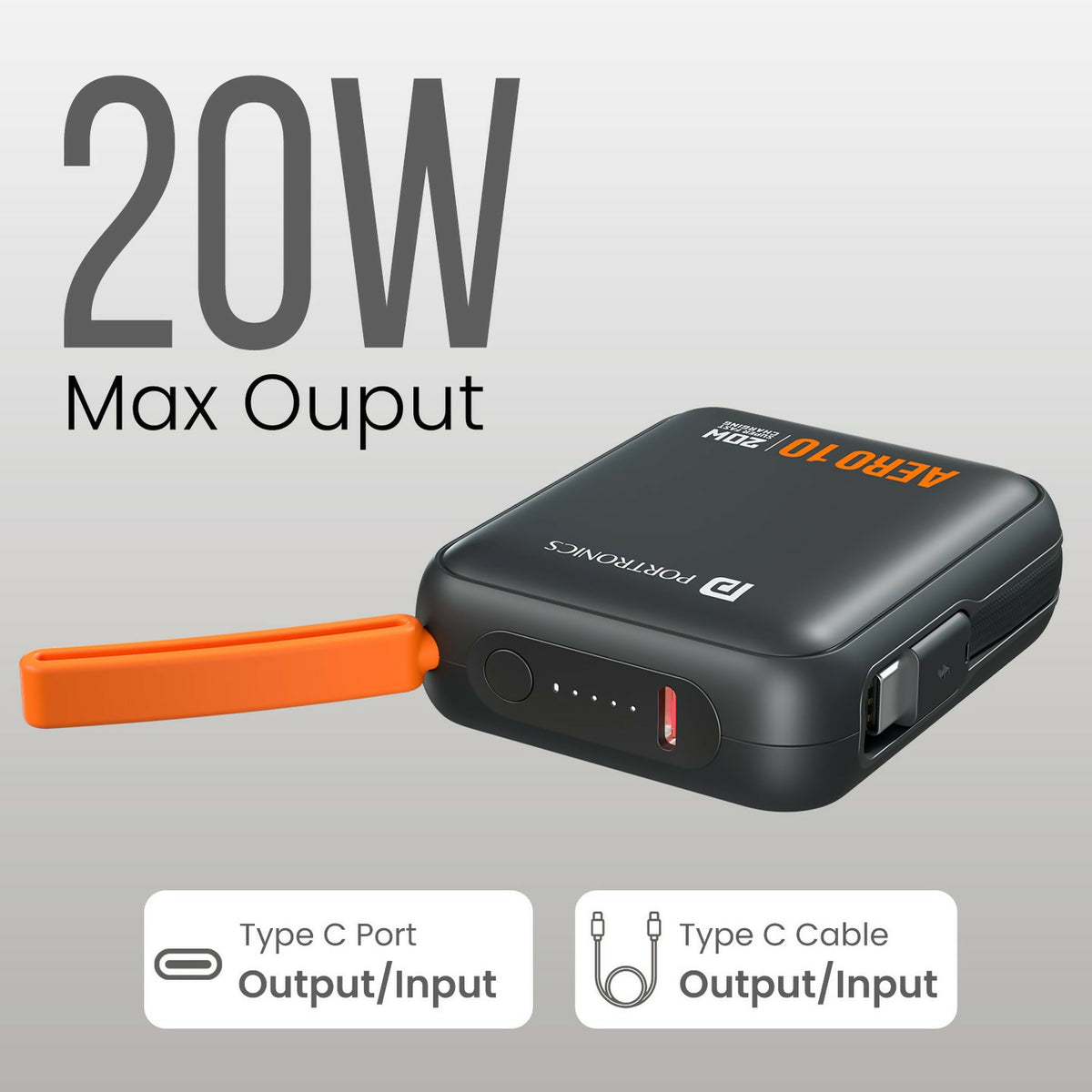 Portronics Aero 10 10000 mAh 20W Fast Charging Mini Power Bank with Detachable Type C Cable, Type C PD Input/Output Port, LED Indicator, Wake Up Button, Strong Lanyard, Light Weight (Black)