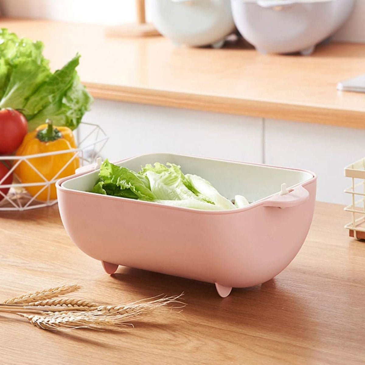 Double Layer Rotatable Strainer Bowl with Handles BPA-Free Plastic for Washing & Serving HP DD